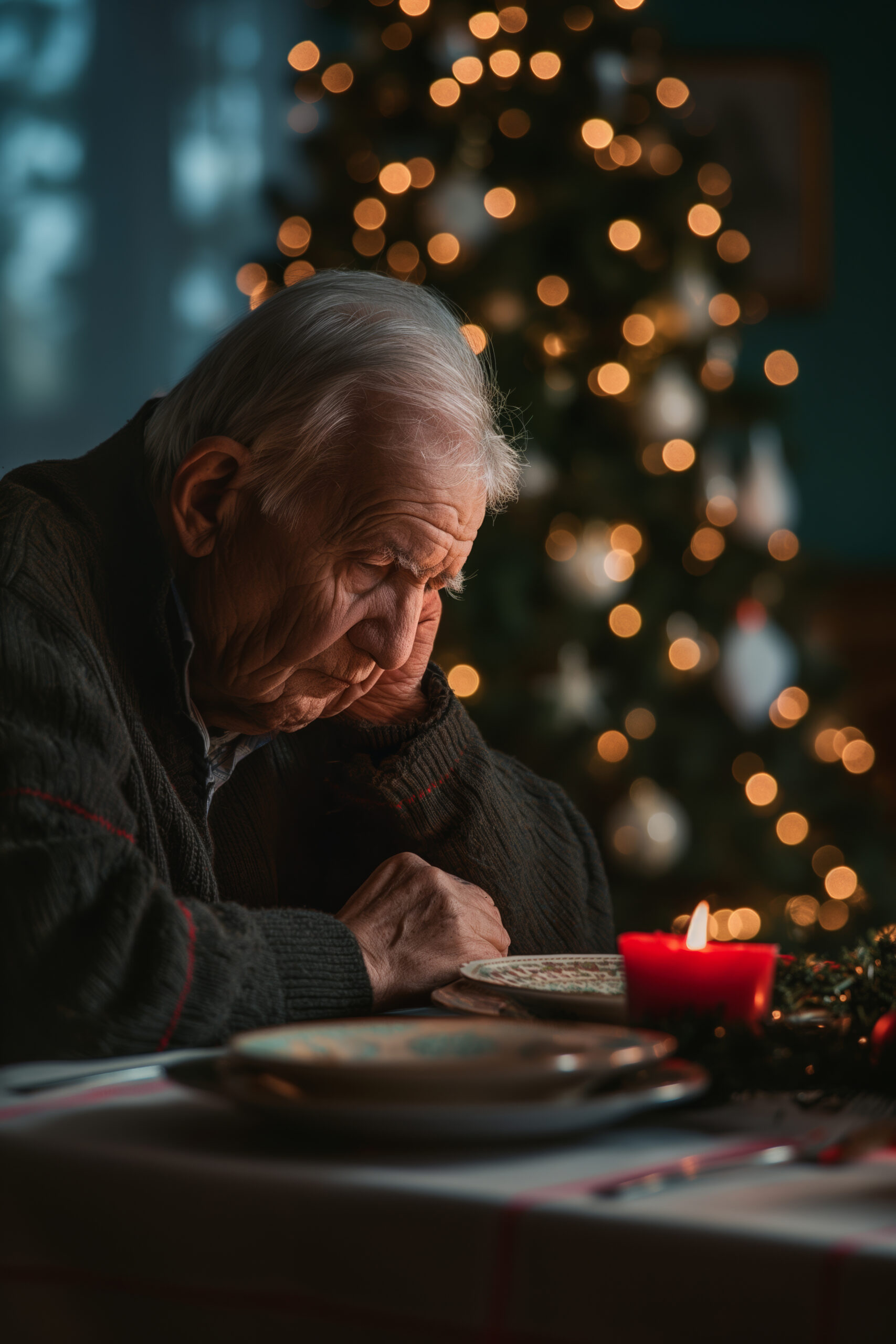 Elderly Person Spending Christmas Alone In Empty Home Without Family. Old Sad Man Sitting At The Table, Decorated Christmas Tree In The Background. Concept: Loneliness And Poverty Among Older People