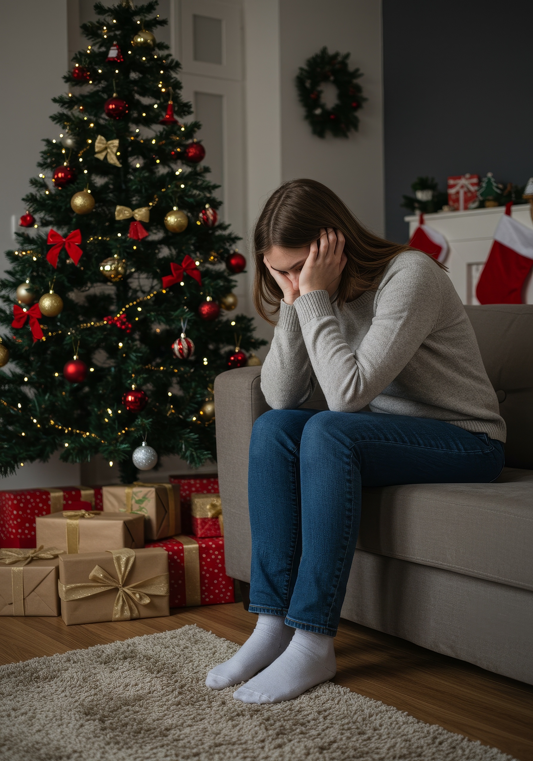 Photo Of Sad Woman On Couch During Christmas Holiday With Tree Gifts