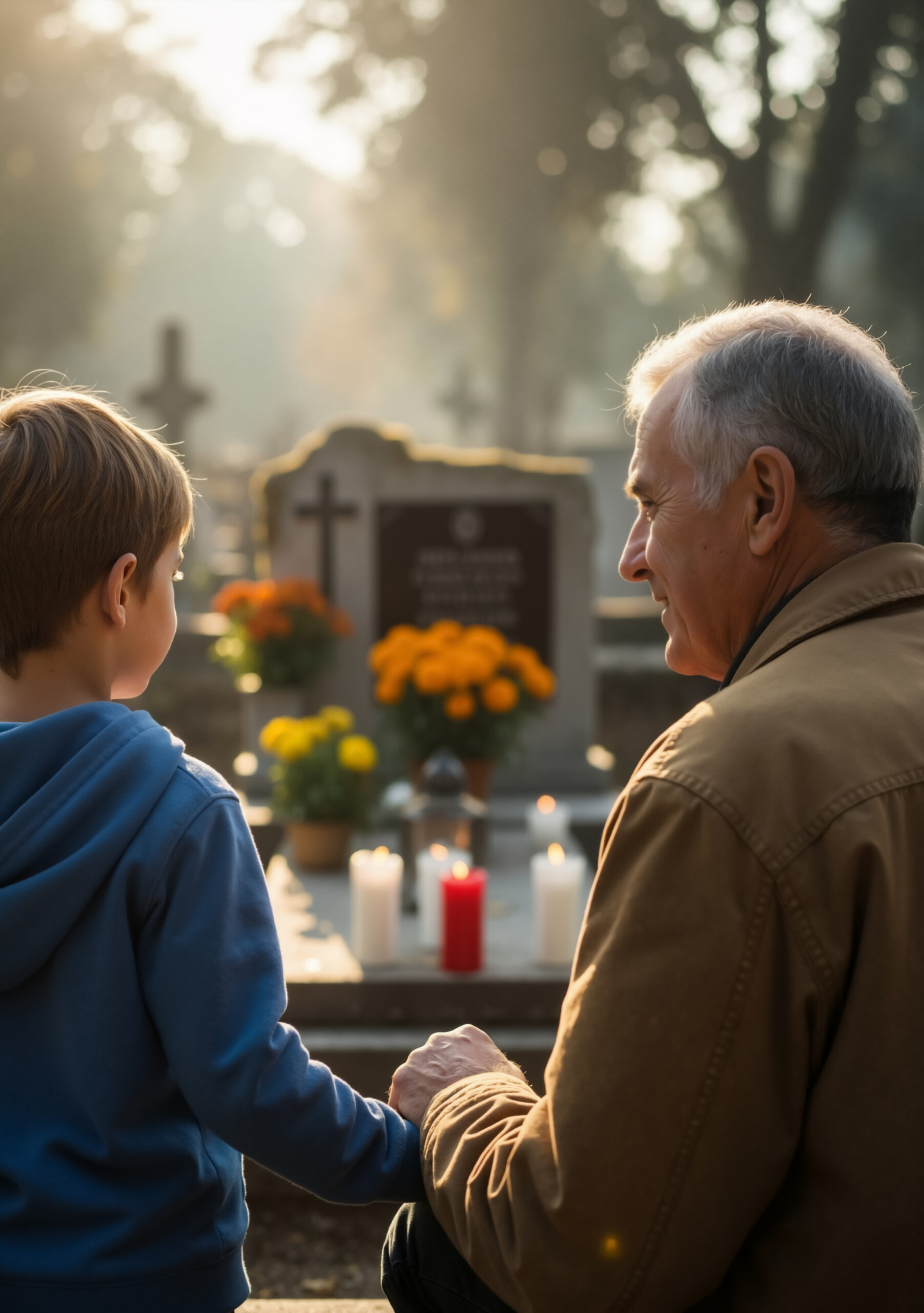 Grandfather And Grandson Holding Hands At A Grave In A Sunlit Cemetery. Family Remembrance On All Souls' Day. Concept Of Memory, Loss, And Intergenerational Connection