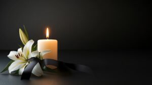 Black Funeral Background With Candle And White Lilies, Minimal Condolence Design