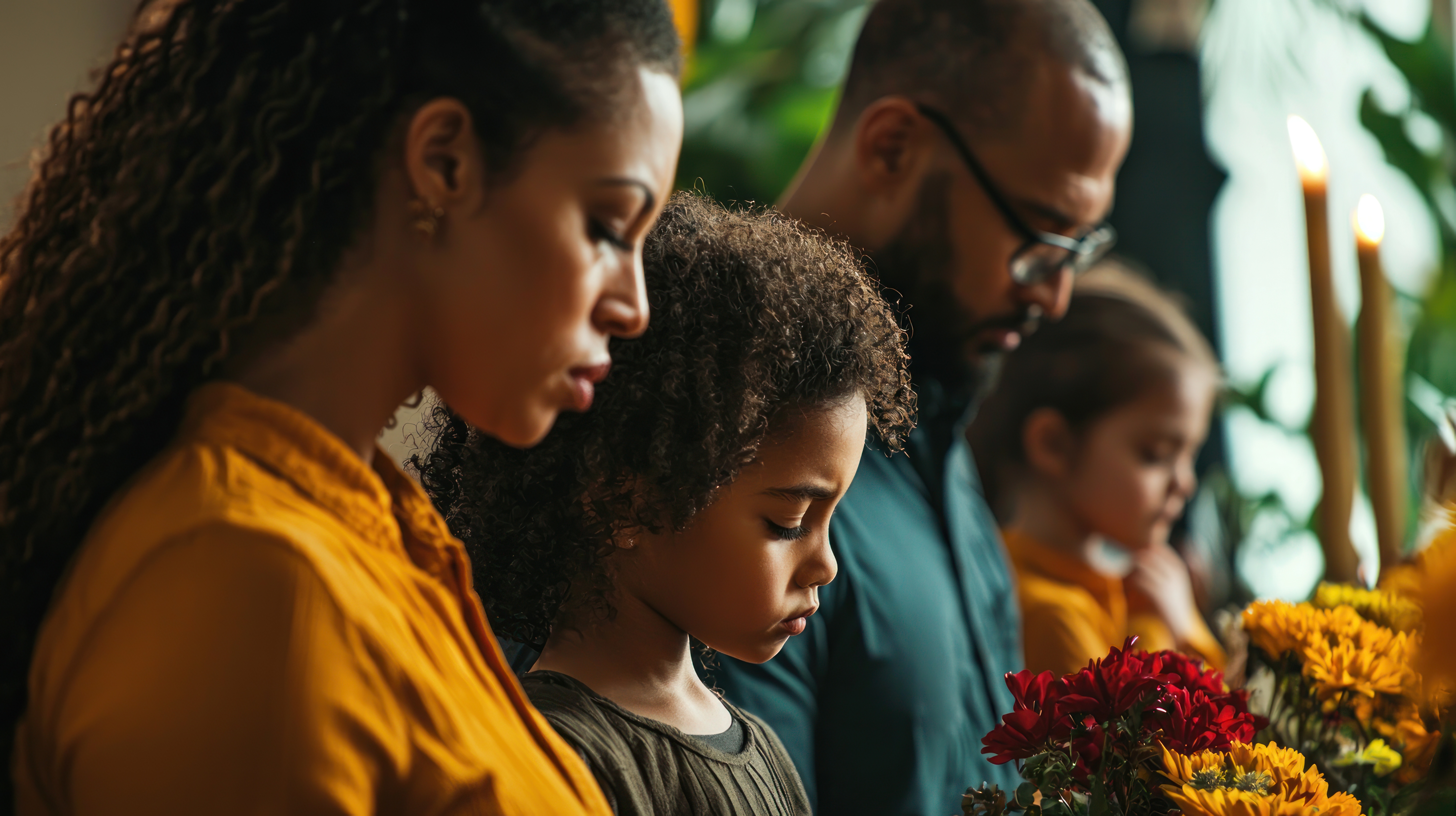A Family Attending A Memorial Service, Bowing Their Heads In Silence As They Pay Respect.